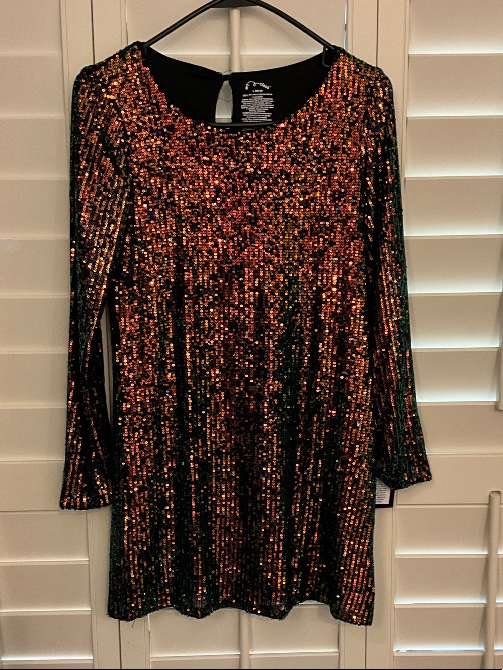 Beautiful Black Sequin Long-Sleeve Shift Dress with Copper Iridescent Accents.